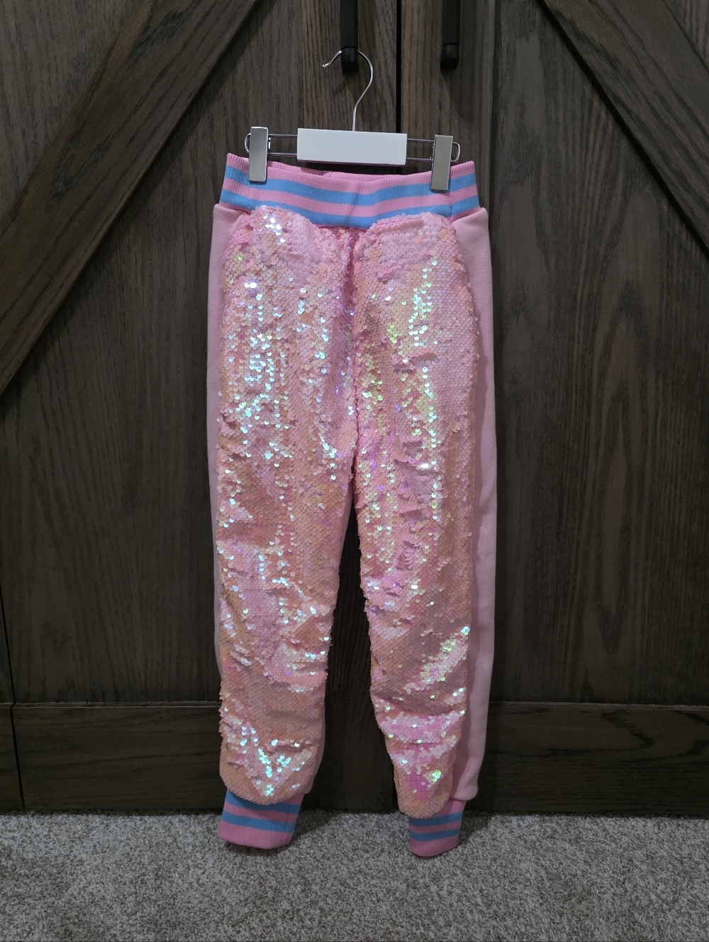 Lola + The Boys Pink Sequin Joggers with Blue Trim